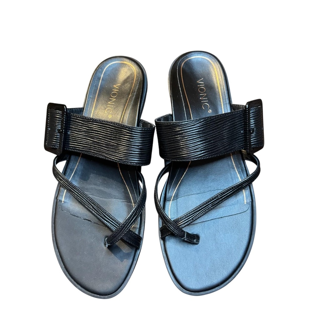 Vionic Shoes Womens Size 6.5 Black Julep Strappy Flat Slide Sandals Comfort